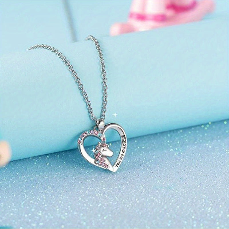 Zircon Unicorn Heart Pendant Necklace for Girls