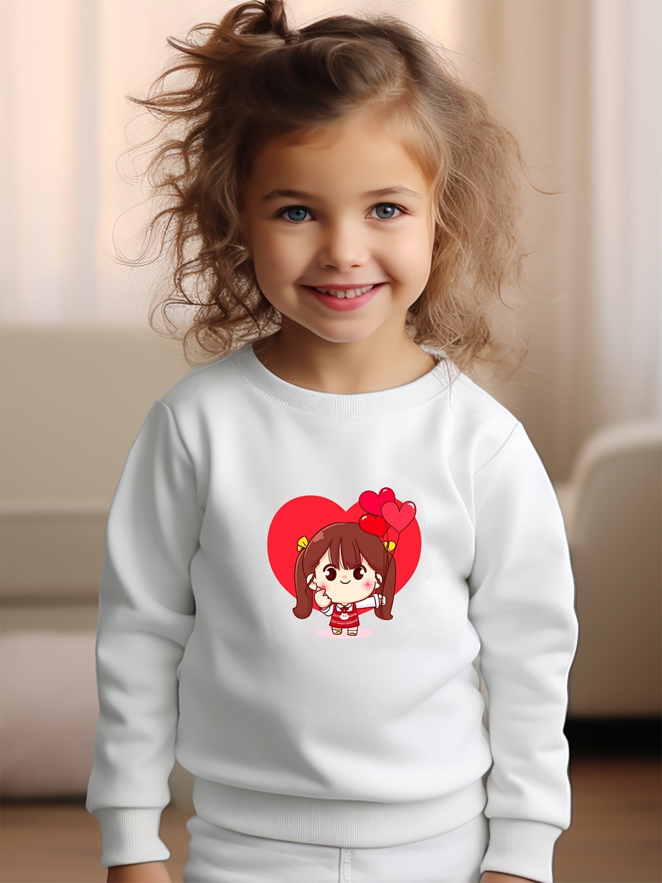 Girls Heart Pattern Crew Neck Sweatshirt for Spring Fall