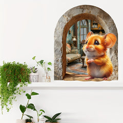 Whimsical 3D Mouse Hole Wall Decal with Red Coated Rat