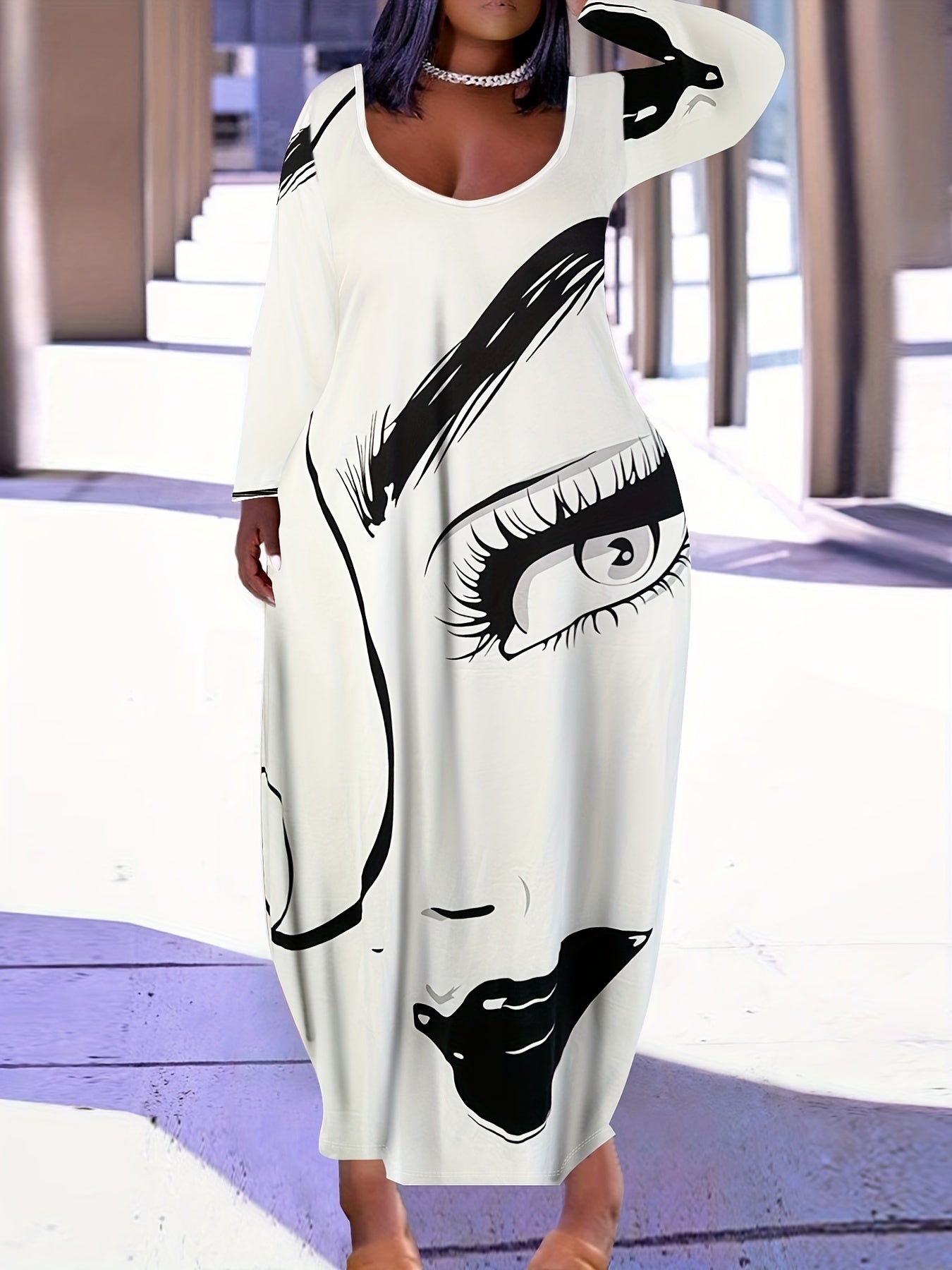  Women's Figure Print Long Sleeve Maxi Dress