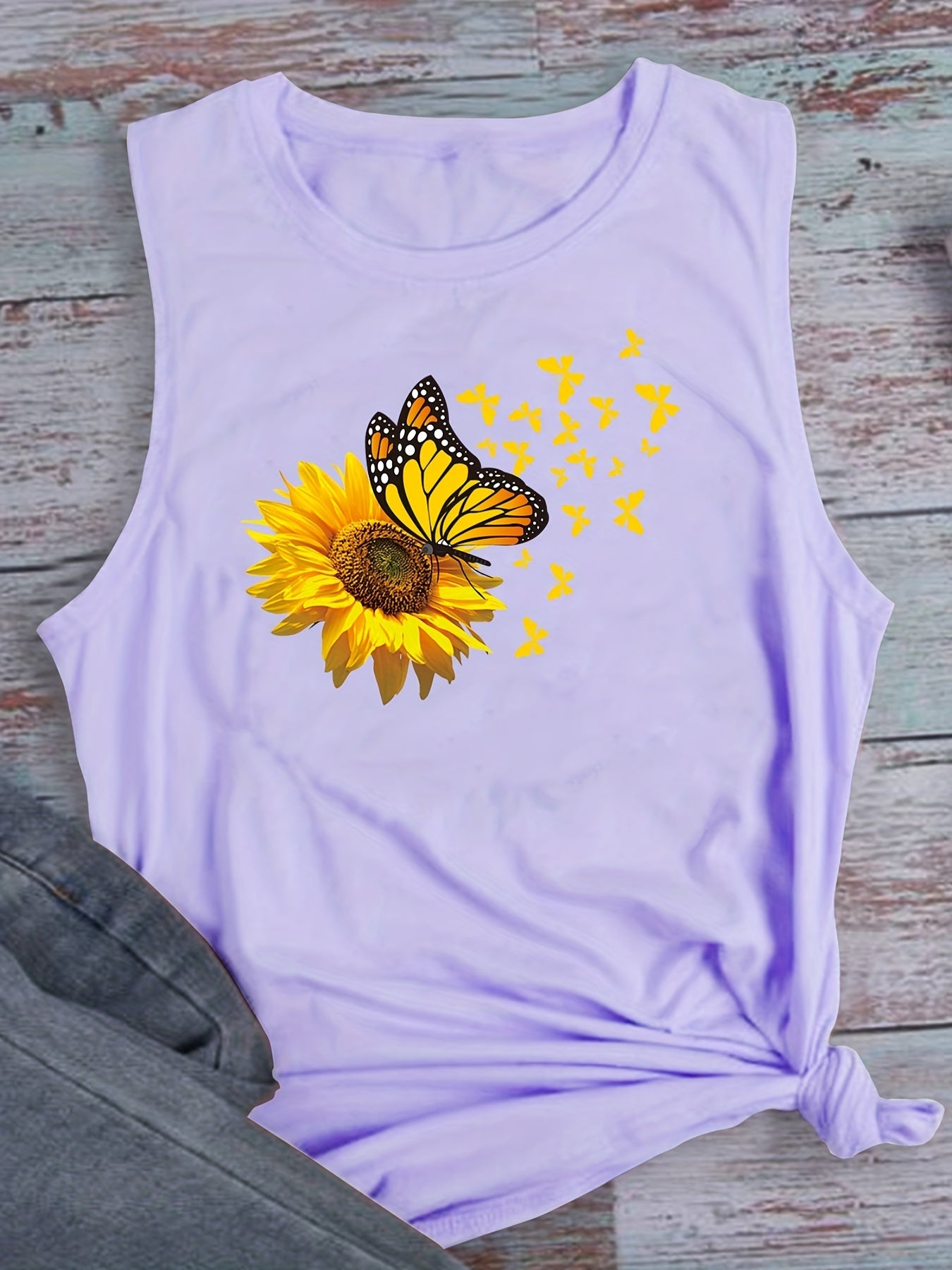 Sunflower & Butterfly Tank Top Sleeveless Crew Neck Casual Top