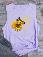 Sunflower & Butterfly Tank Top Sleeveless Crew Neck Casual Top