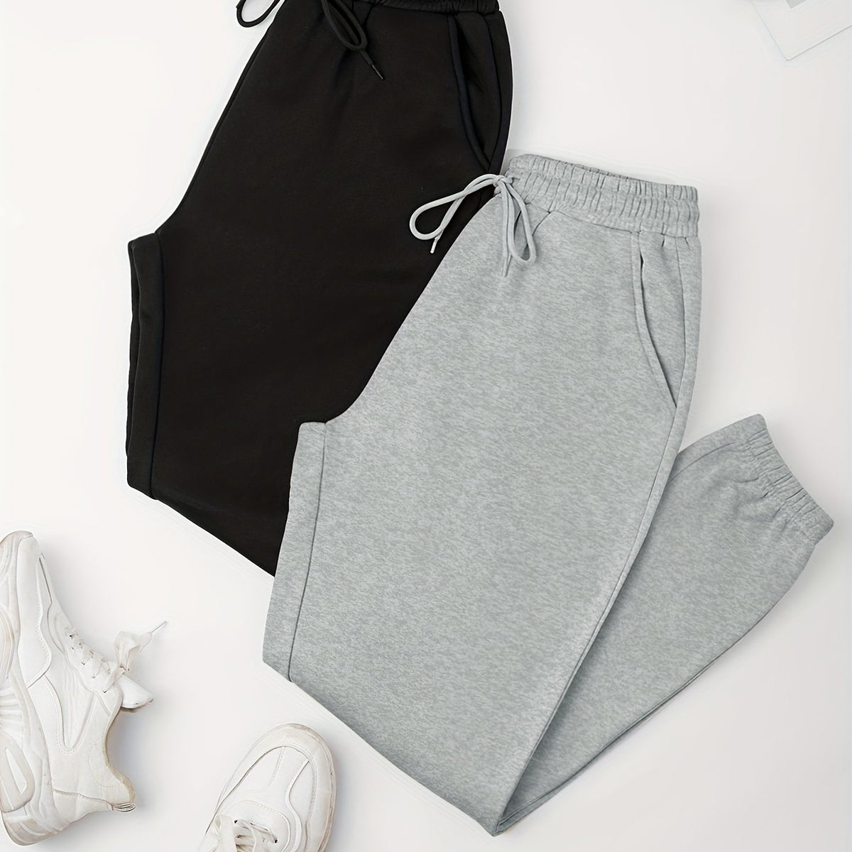 2 Pack Plus Size Sports Pants Women's Plus Elastic Drawstring Jogger Trousers