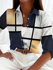  Colorblock Grid Print Button Up Blouse