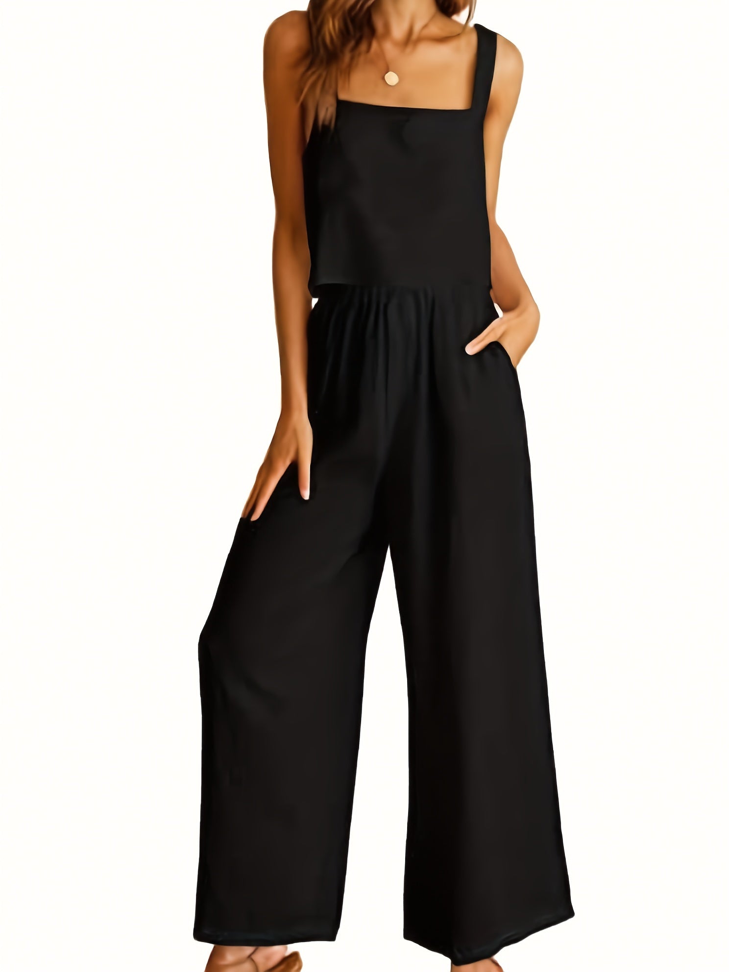 Women's Plus Solid Square Neck Crop Top & Wide Leg Pant Set