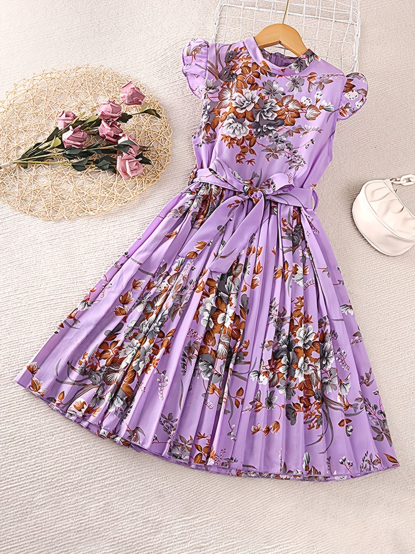 Girls Floral Graphic Pleated Dress For Party Beach Vacation