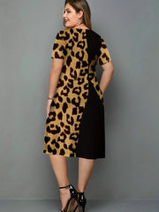  Colorblock Leopard Print Short Sleeve Dress