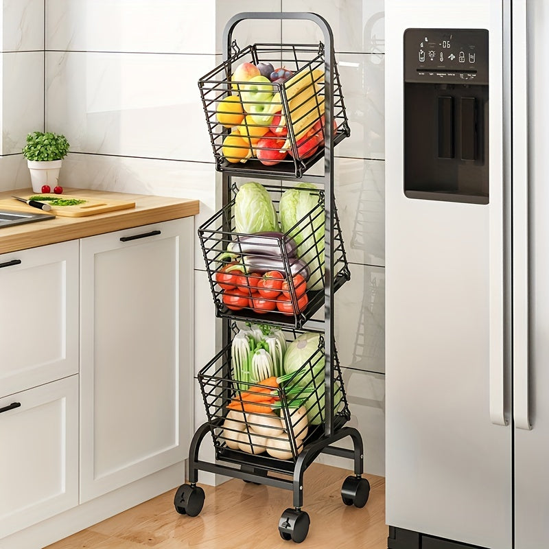 3 Tier Metal Market Basket with Wheels - Ideal for Fruits & Veggies