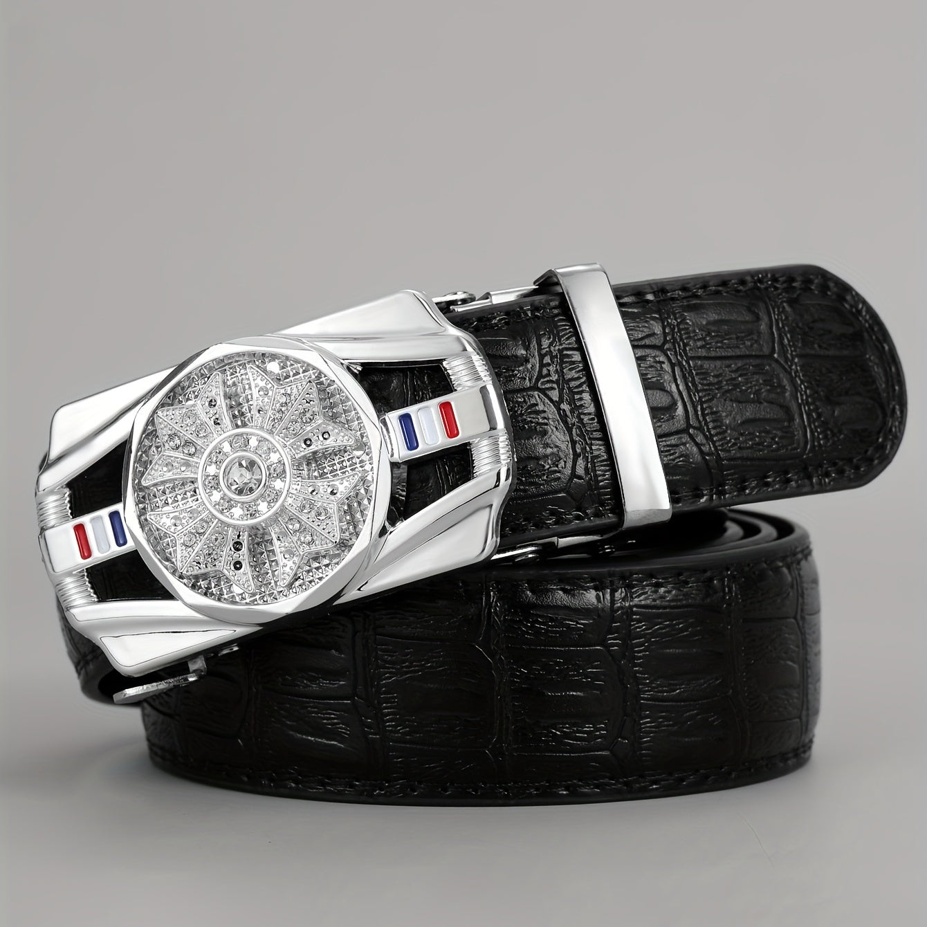 Men's PU Leather Automatic Buckle Belt with Flower Decor