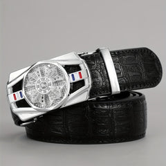 Men's PU Leather Automatic Buckle Belt with Flower Decor