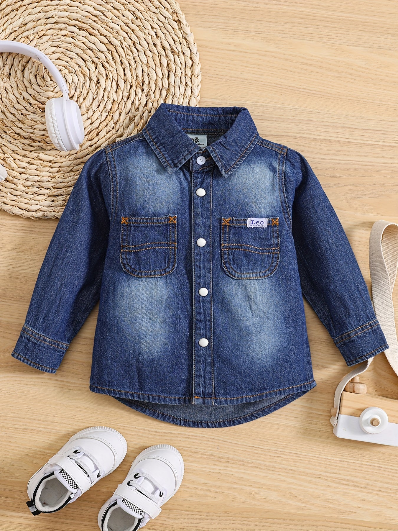 Boy's Denim Cotton Shirt Casual Lapel Button Up Long Sleeve Shirt