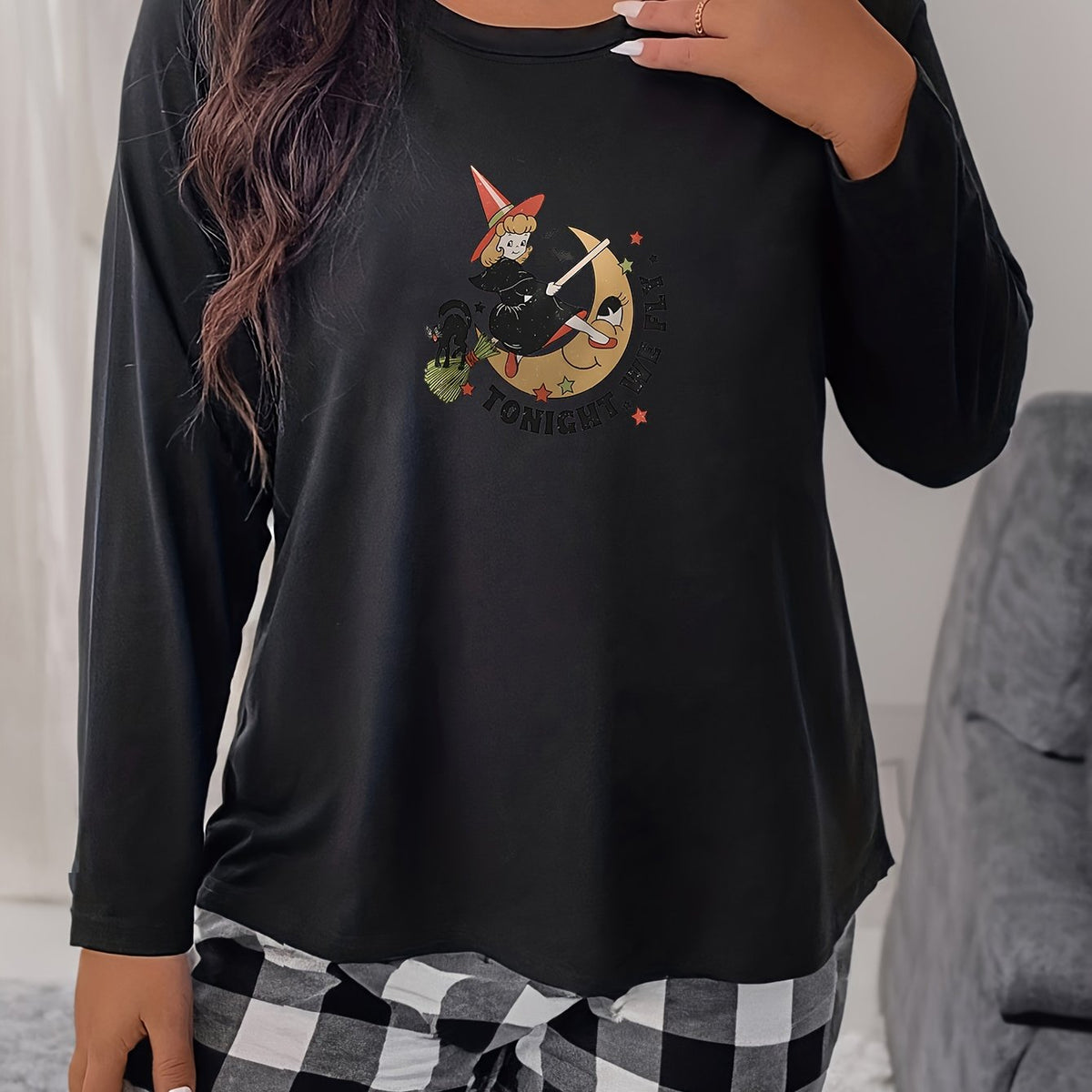 Women's Plus Casual Pajama Top Moon & Fairy Print Long Sleeve Tee