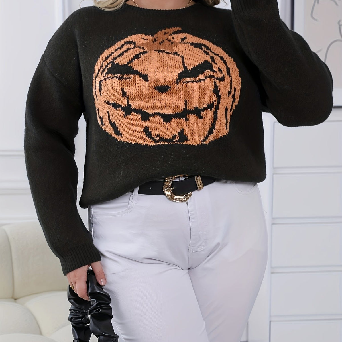 Women's Plus Pumpkin Print Long Sleeve Sweater