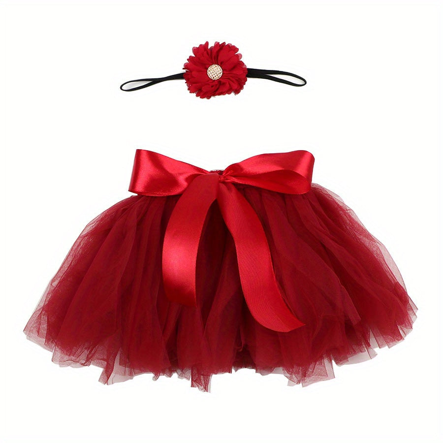 2pcs Newborn Baby Flower Headband and Skirt Set Red