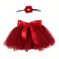 2pcs Newborn Baby Flower Headband and Skirt Set Red