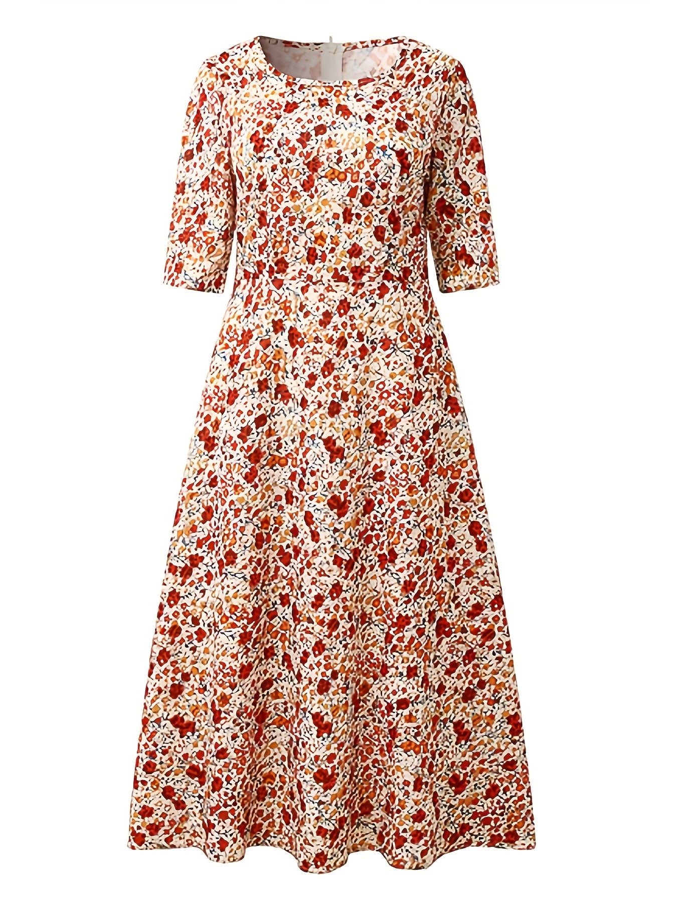 Plus Size Ditsy Print Maxi Dress Half Sleeve Round Neck