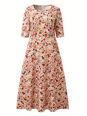 Plus Size Ditsy Print Maxi Dress Half Sleeve Round Neck