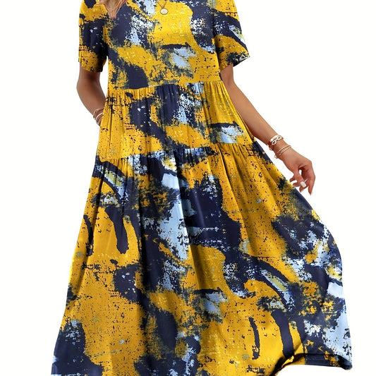  Tie Dye Short Sleeve Maxi Smock Dress