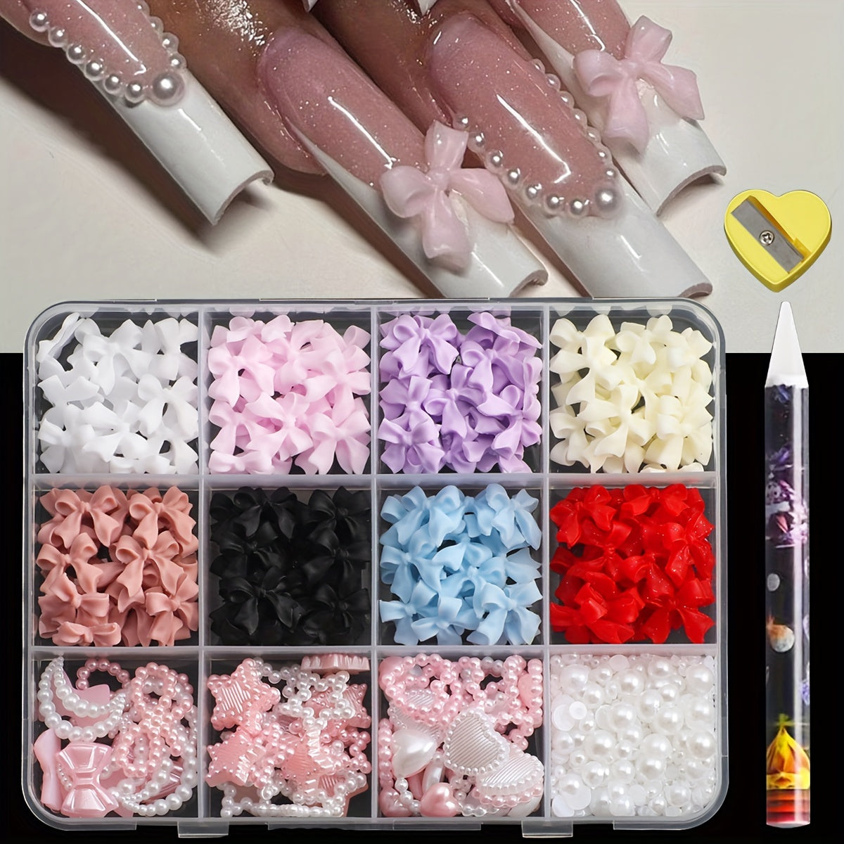 500PCS 3D Nail Art Kit Resin Bows Flat Back Pearls Assorted Shapes DIY Craft