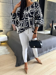  Geometric Print Lantern Sleeve Round Neck Top