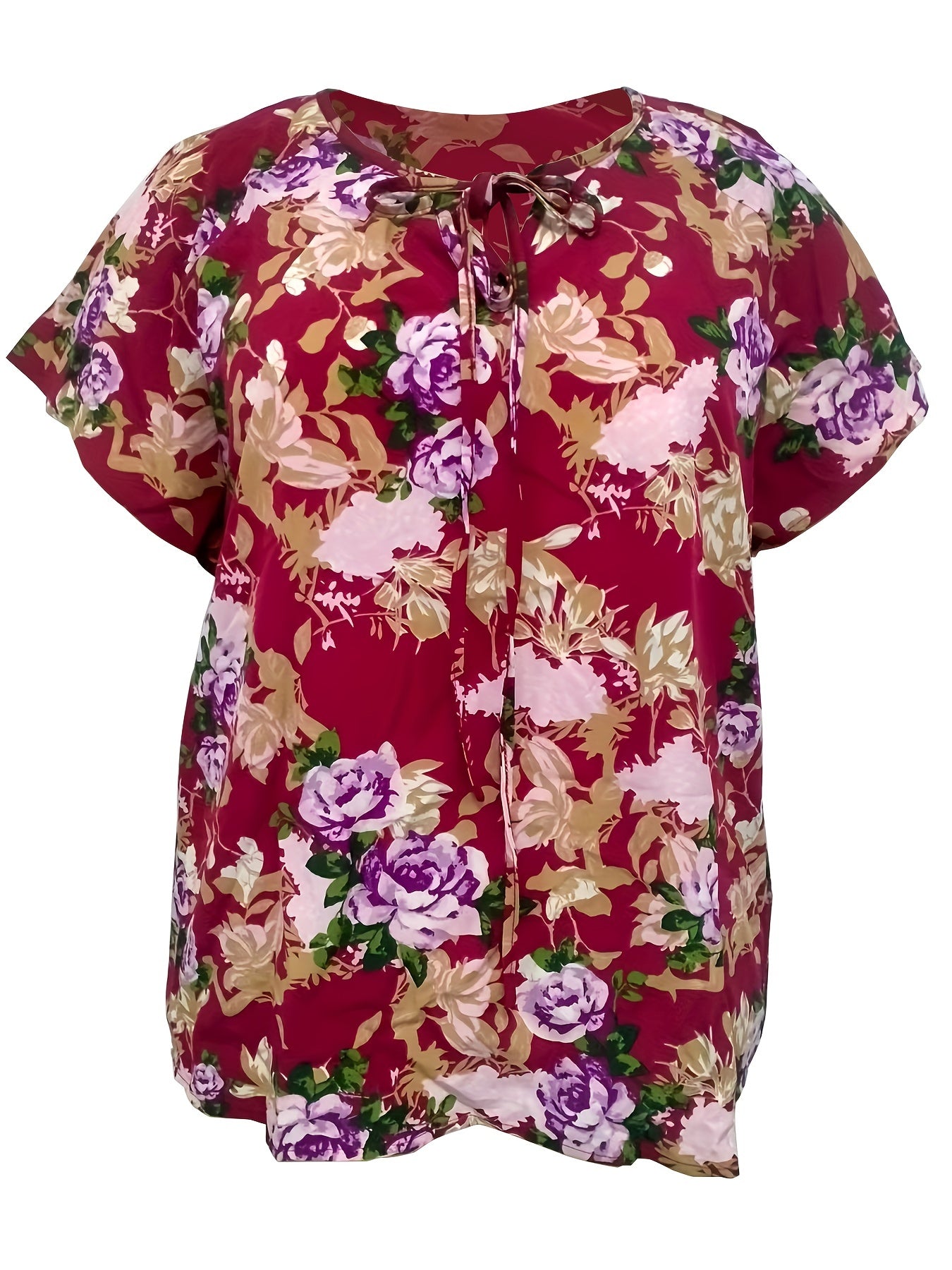  Floral Print Short Sleeve V Neck Bow Knot Blouse
