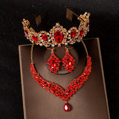 3pcs Red Princess Queen Crown Necklace Earrings Set