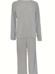  Lounge Set Women's Solid Round Neck Ribbed Knit Top & Pants Pajamas