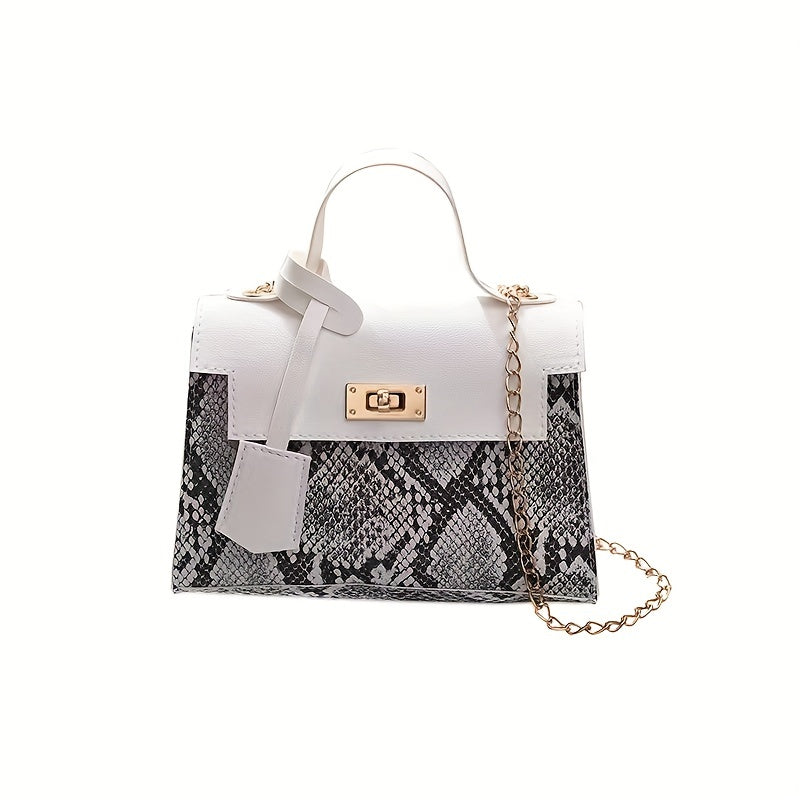 Snake Skin Pattern Crossbody Bag Turn Lock Chain Bag