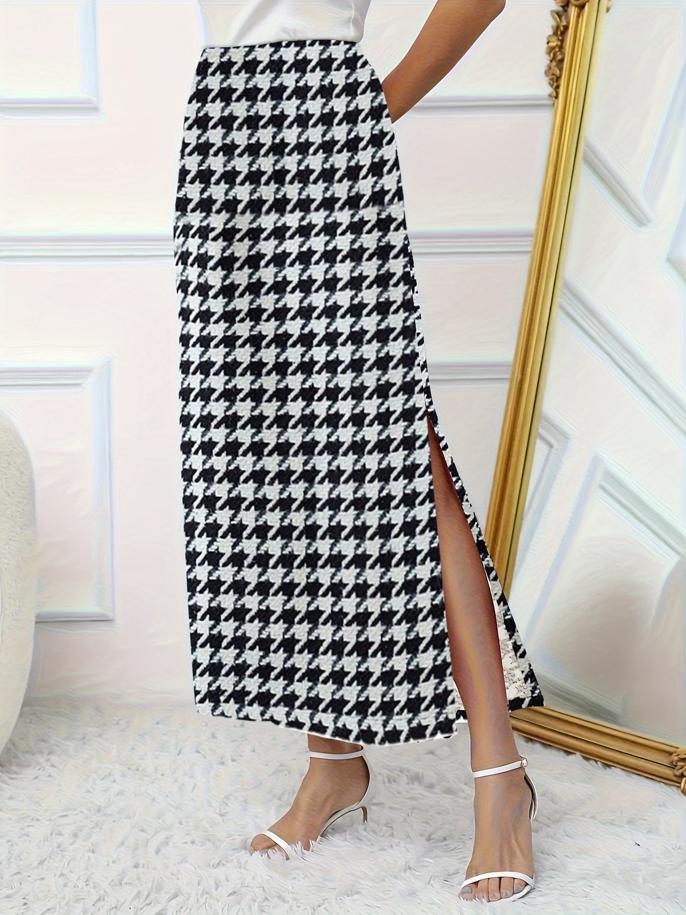  Houndstooth Print High Rise Stretch Side Split Maxi Midi Skirt