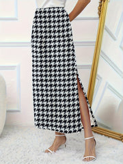  Houndstooth Print High Rise Stretch Side Split Maxi Midi Skirt
