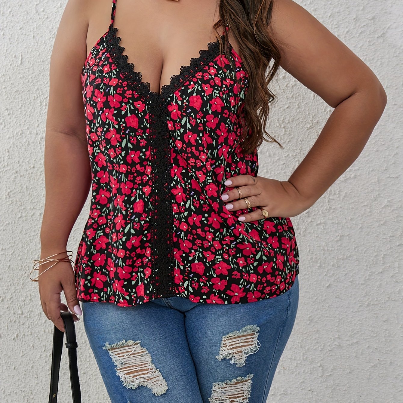  Sexy Cami Top Women's Plus Ditsy Floral Print Lace V Neck