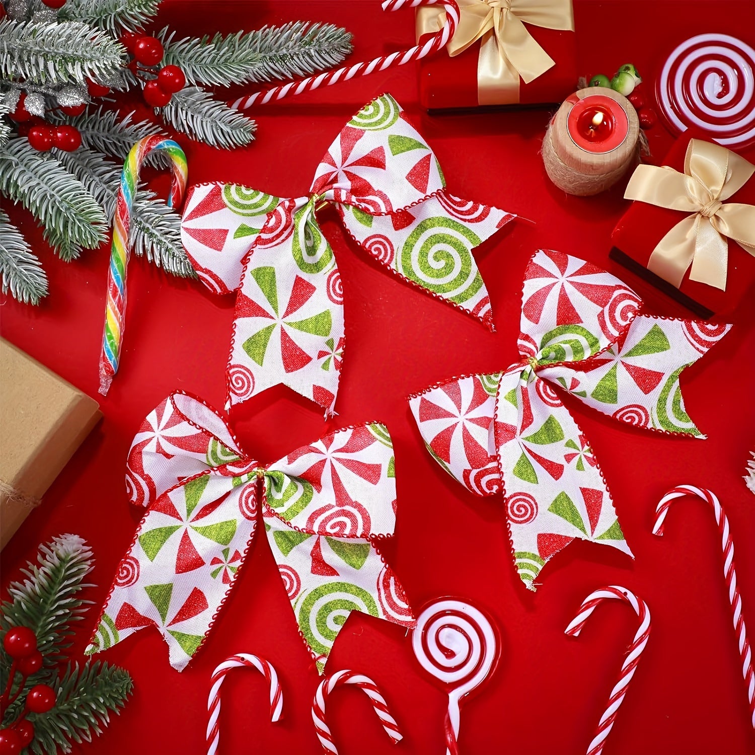 12pcs Christmas Candy Bows 15 24 Cm Red Green Candy Bows Xmas Tie Bows