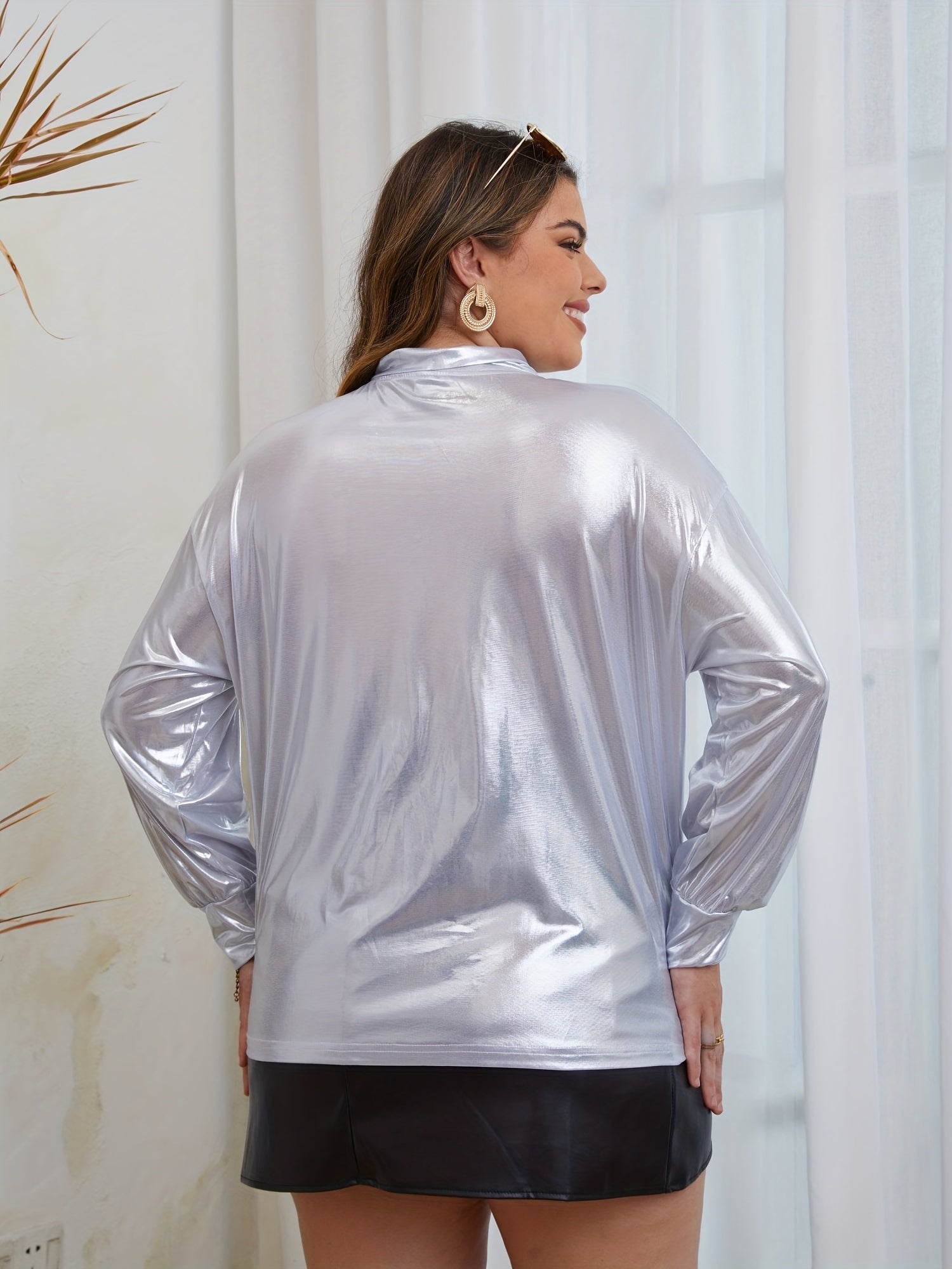  Casual Blouse Women's Plus Solid Shinny Long Sleeve Knot Slight Stretc