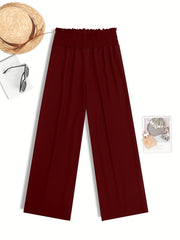  Wide Leg Pants Shirred Waist High Rise Solid Casual
