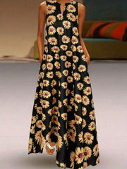  Sunflower Print Tank Dress Sleeveless Maxi A-line Notched Neck