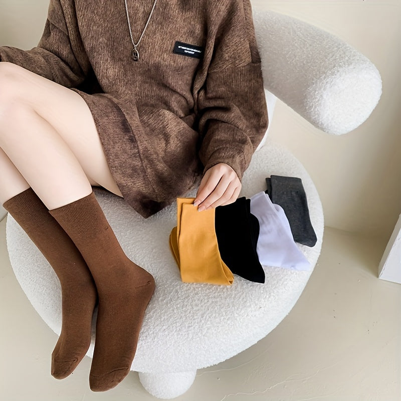 5 Pairs Women's Comfy Mid Tube Socks - Solid Color Breathable Stockings
