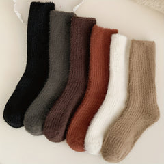 6 Pairs Fuzzy Socks Women's Mid Tube Stockings Warm & Cozy Solid Colors