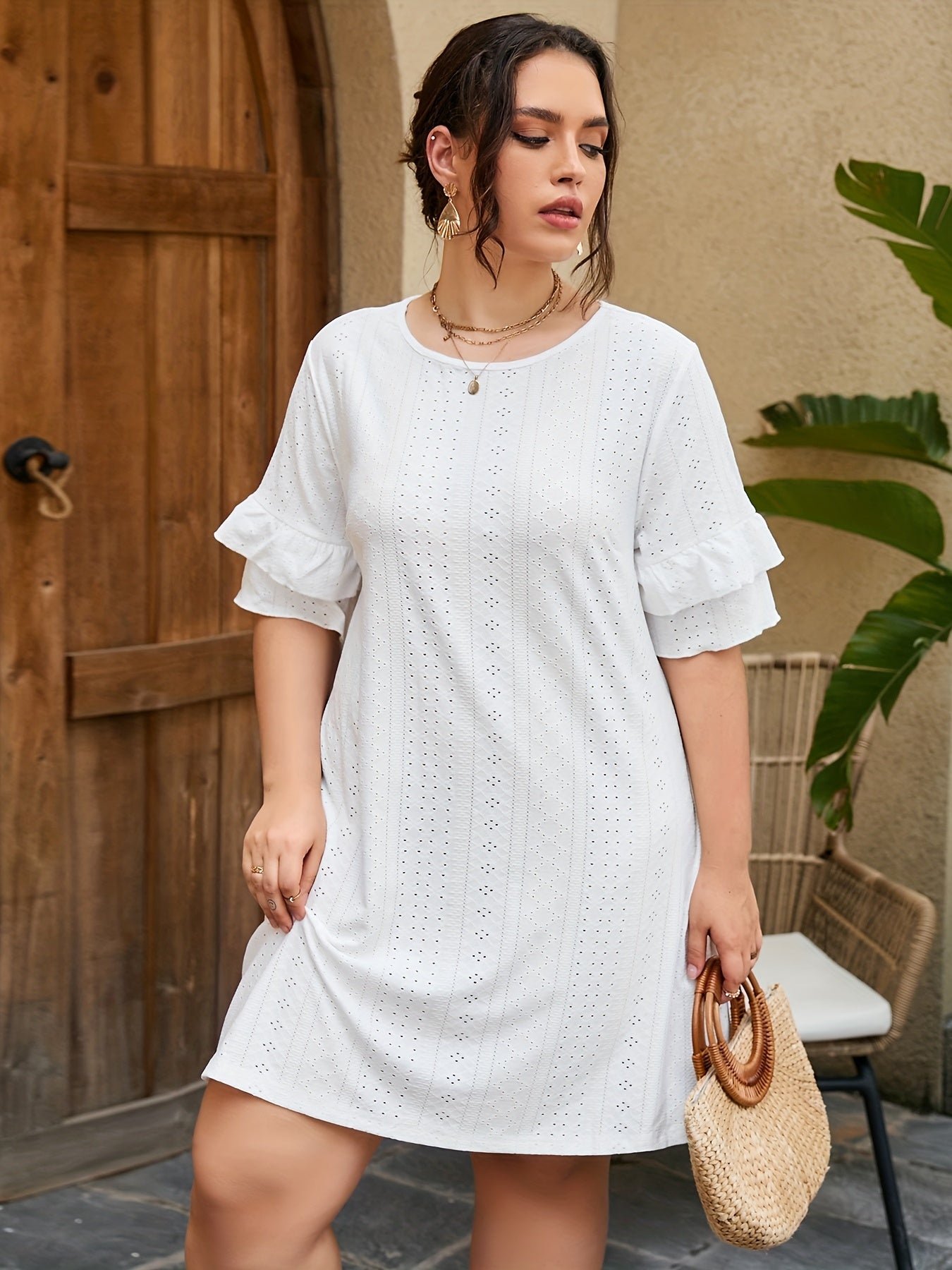  Eyelet Embroidered Round Neck Sleeve Dress