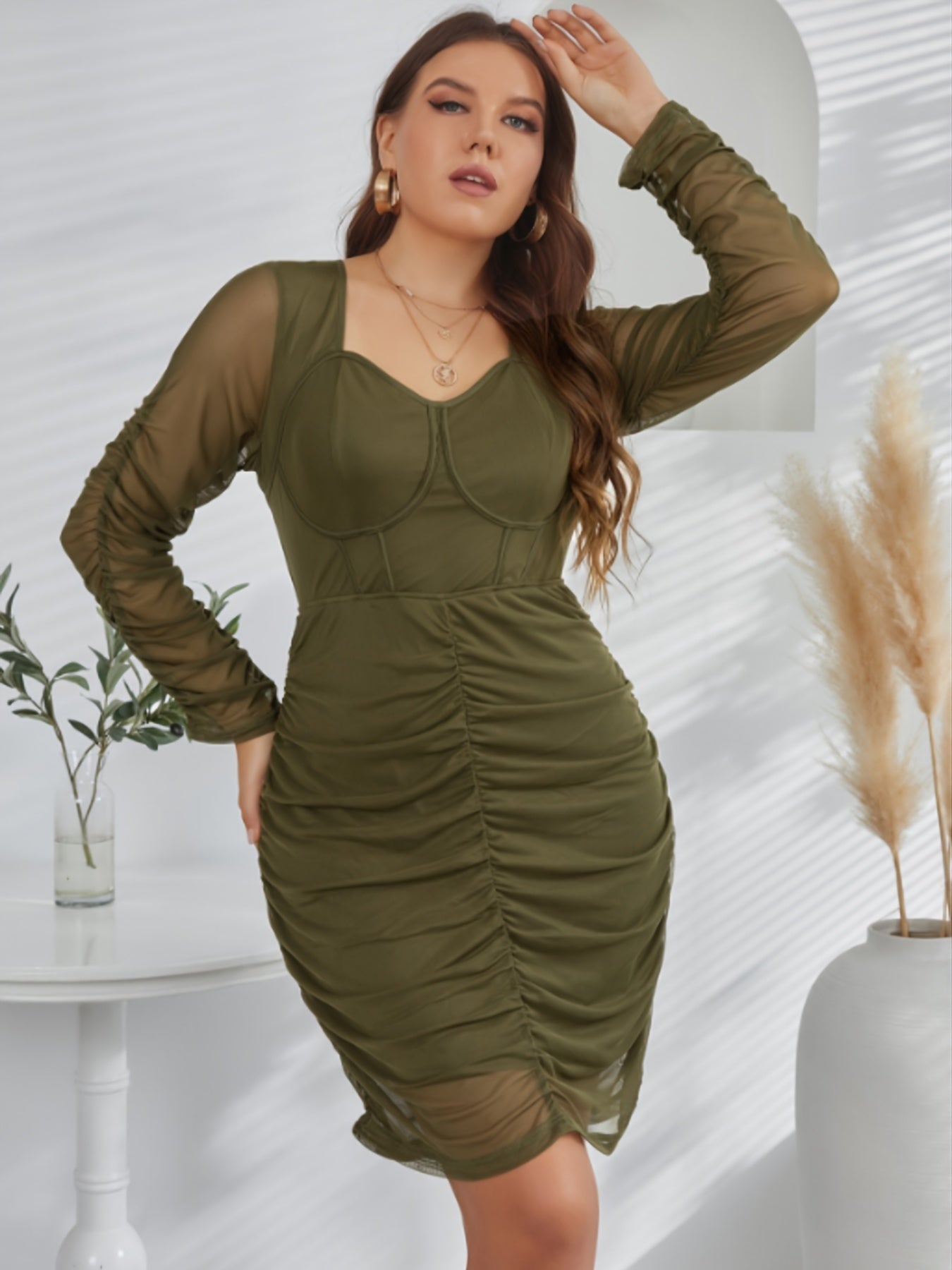  Mesh Ruched Dress Long Sleeve Midi