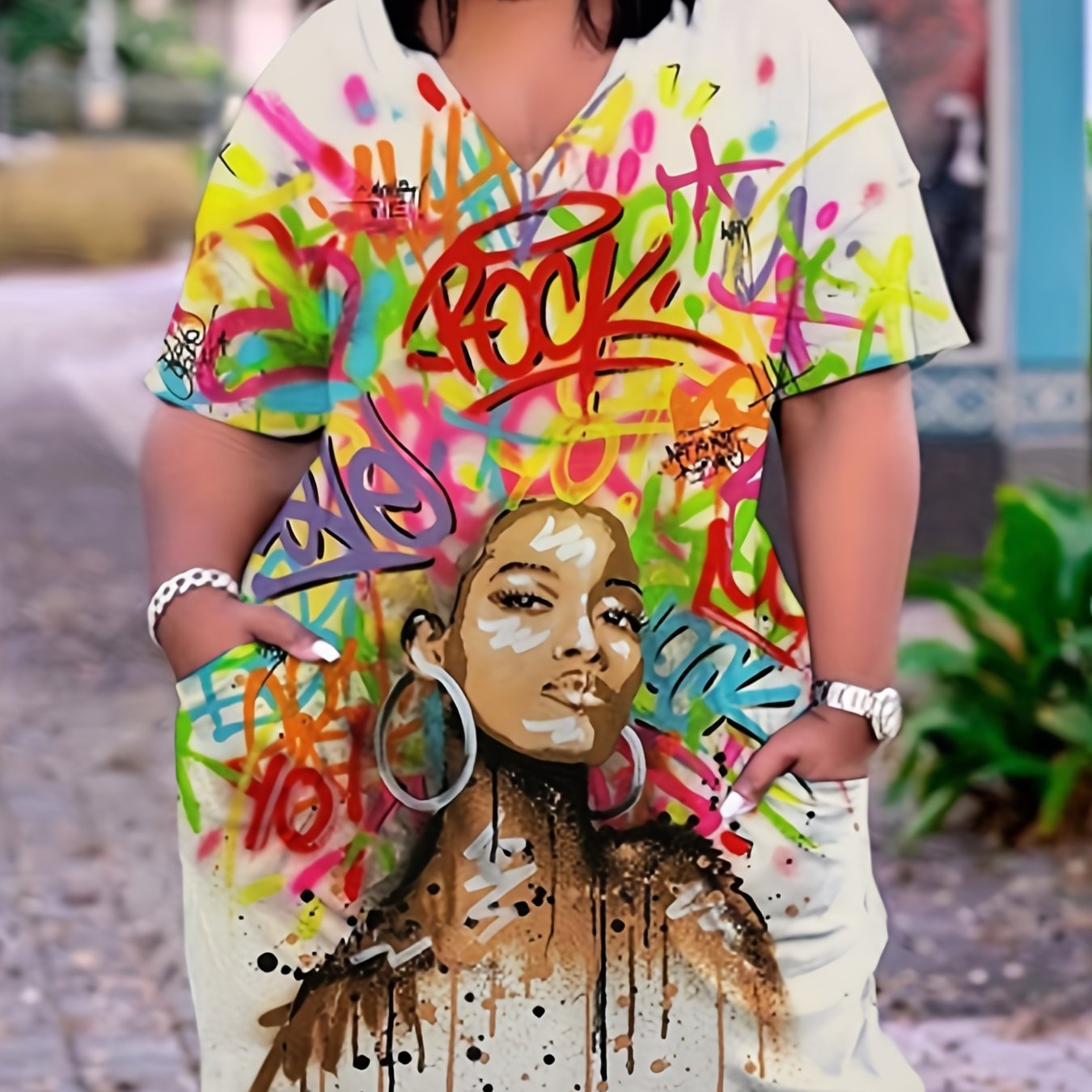  Casual Dress Women's Plus Letter & Figure Print V Neck Dress