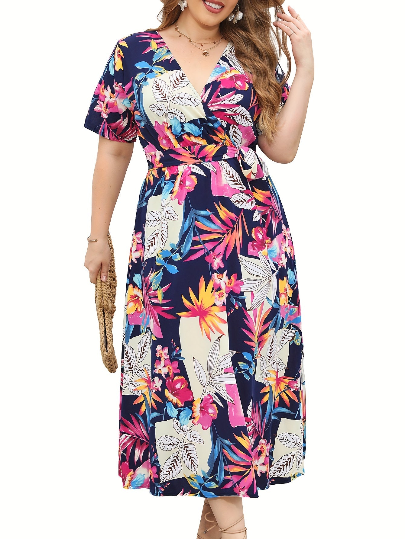  Leaf Print Short Sleeve Dress