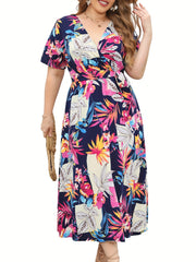  Leaf Print Short Sleeve Dress