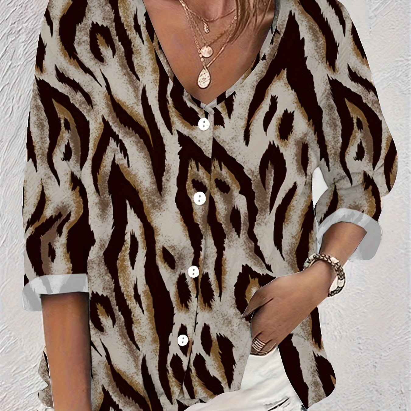  Leopard Print Button Up Long Sleeve V Neck Blouse