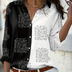  Colorblock Letter Print Long Sleeve Blouse