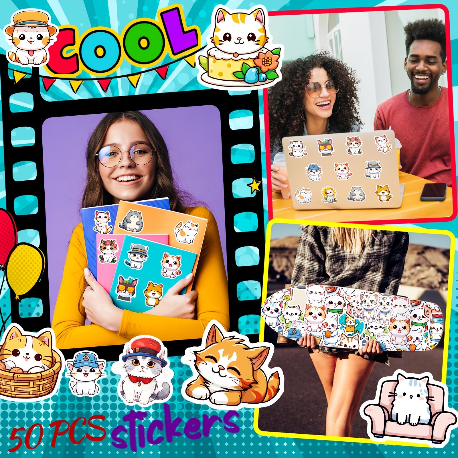 50pcs Cat Stickers Pack Waterproof Vinyl Cartoon Cat Stickers