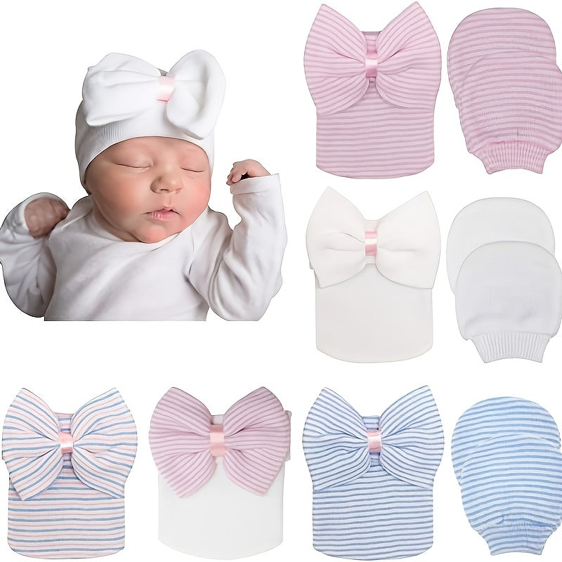 Baby Girls' Knit Bow Cap & Mittens Set for Autumn/Spring