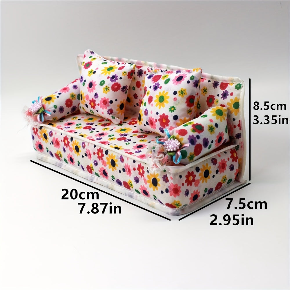 Dollhouse Furniture Flower Cloth Sofa with 2 Cushions