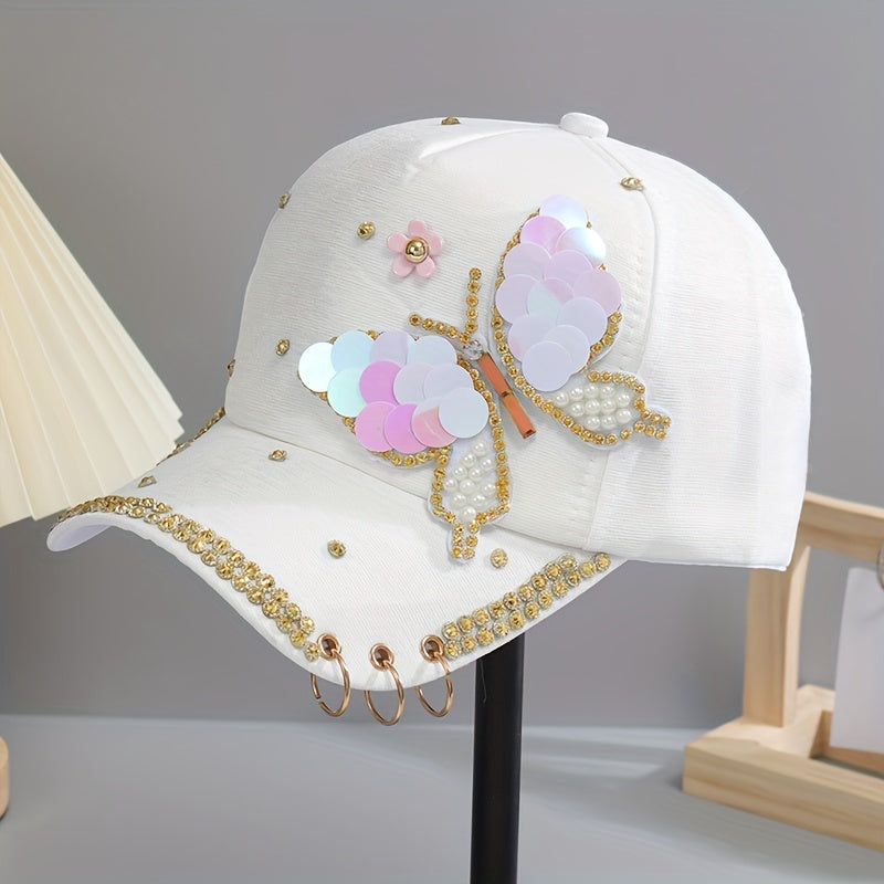 Y2K Butterfly Baseball Cap Rhinestone Sequin Pearl Cotton Hat