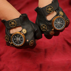 Steampunk Leather Gloves Men's Gothic Fingerless Gear Halloween Compass