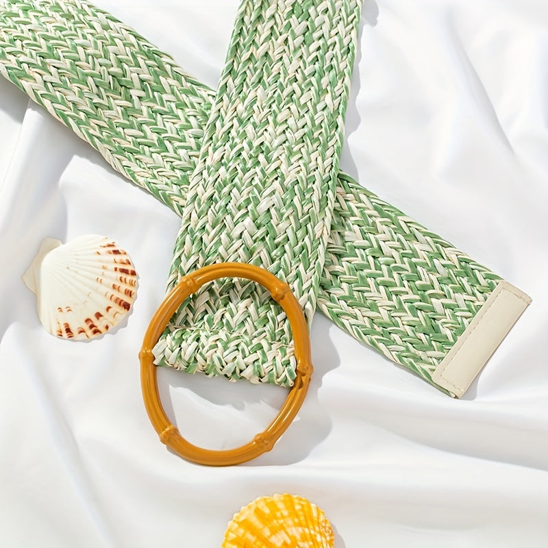 Green Straw Belt Boho Dress Waistband Women Casual Girdle